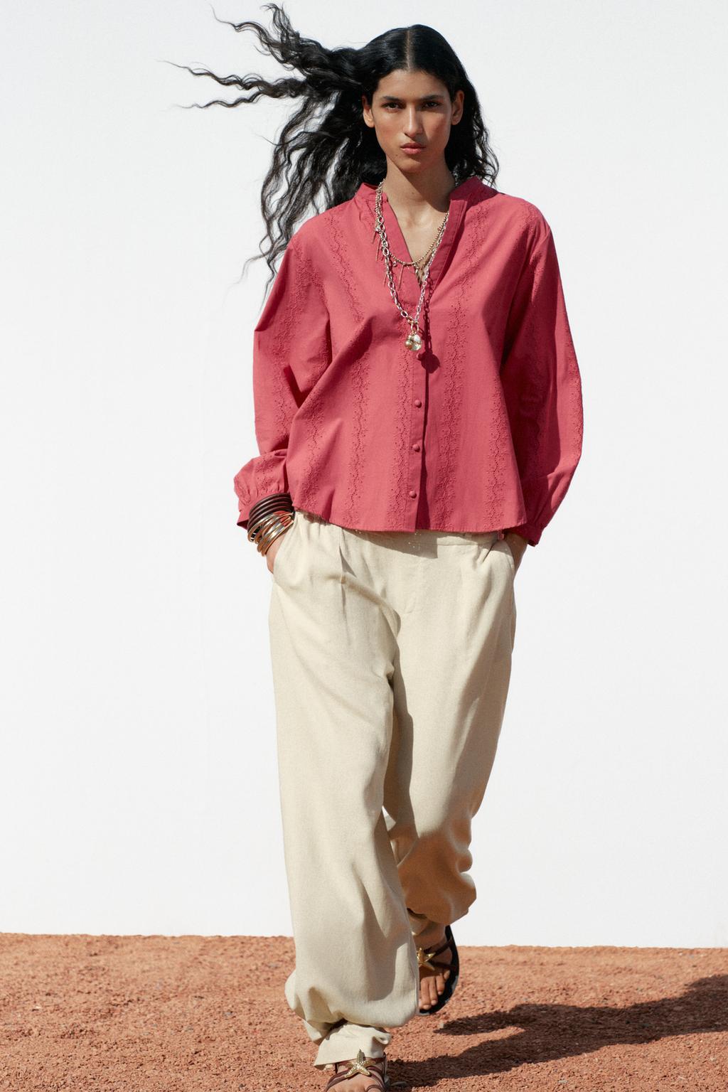 

Блузка с ажурной вышивкой ZARA, цвет MARSALA