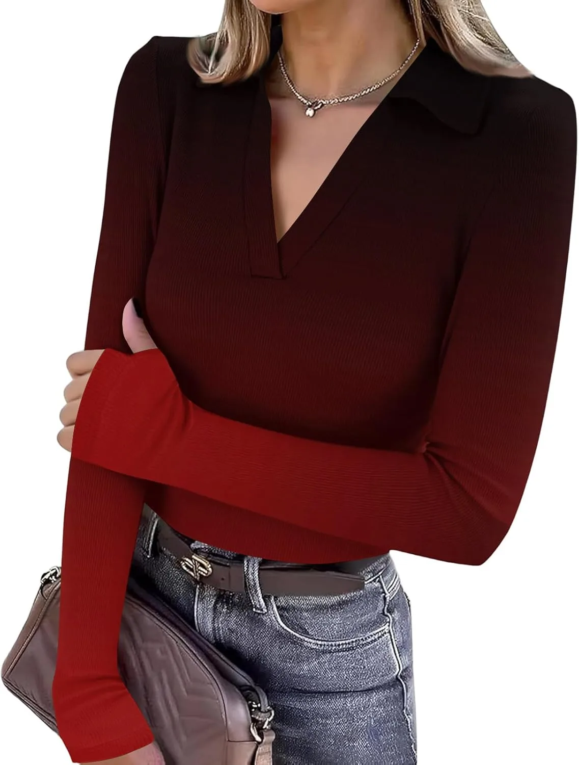 

Женский топ с длинным рукавом V-образным вырезом, рифленая вязка, Slim Fit