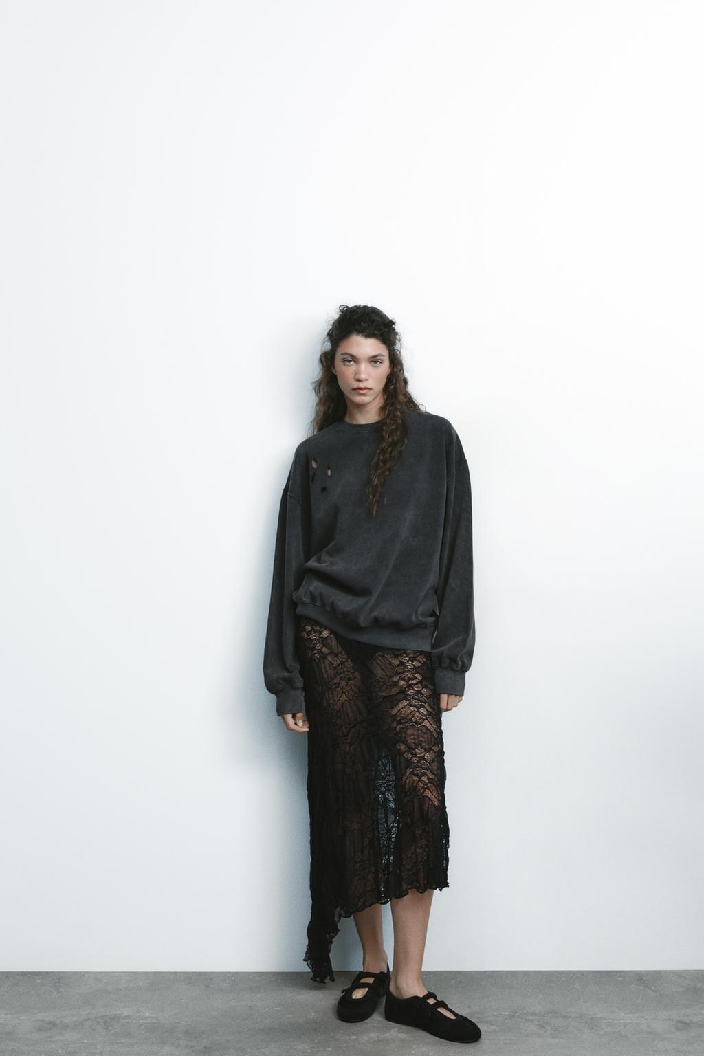 

Асимметричная кружевная юбка ZARA, черный