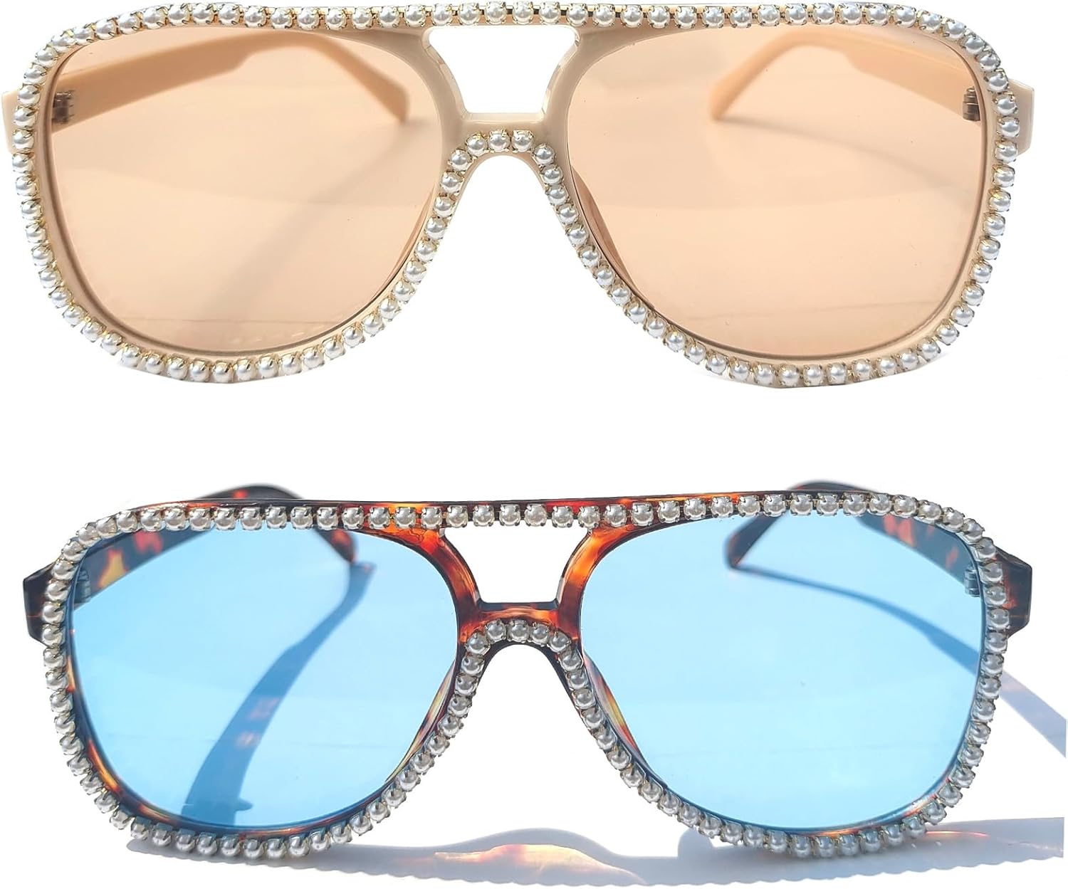 

Солнцезащитные очки-пилот Willochra Fashion с жемчужными кристаллами и стразами для женщин, милые квадратные солнцезащитные очки, яркие цвета, очки для вечеринок, 2pcs-leopard Blue&brown