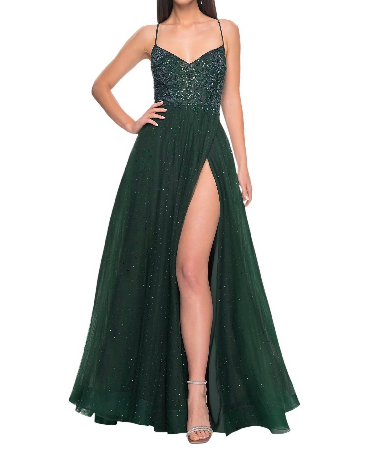 

Пышное вечернее платье A-Line с листьями и цветами, украшенное стразами, в темном изумруде La Femme