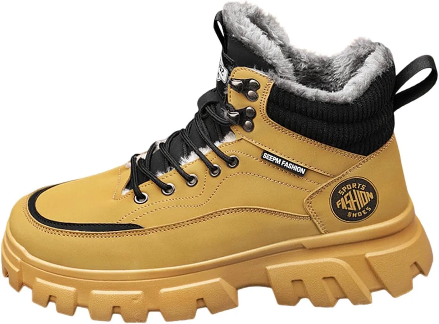 Ботинки Winter Wanderschuhe Damen Herren, Herren Winterstiefel einfarbigem Fleece mit Schnürung, warme Schneestiefel, lässiger Komfort Generic, Gelb