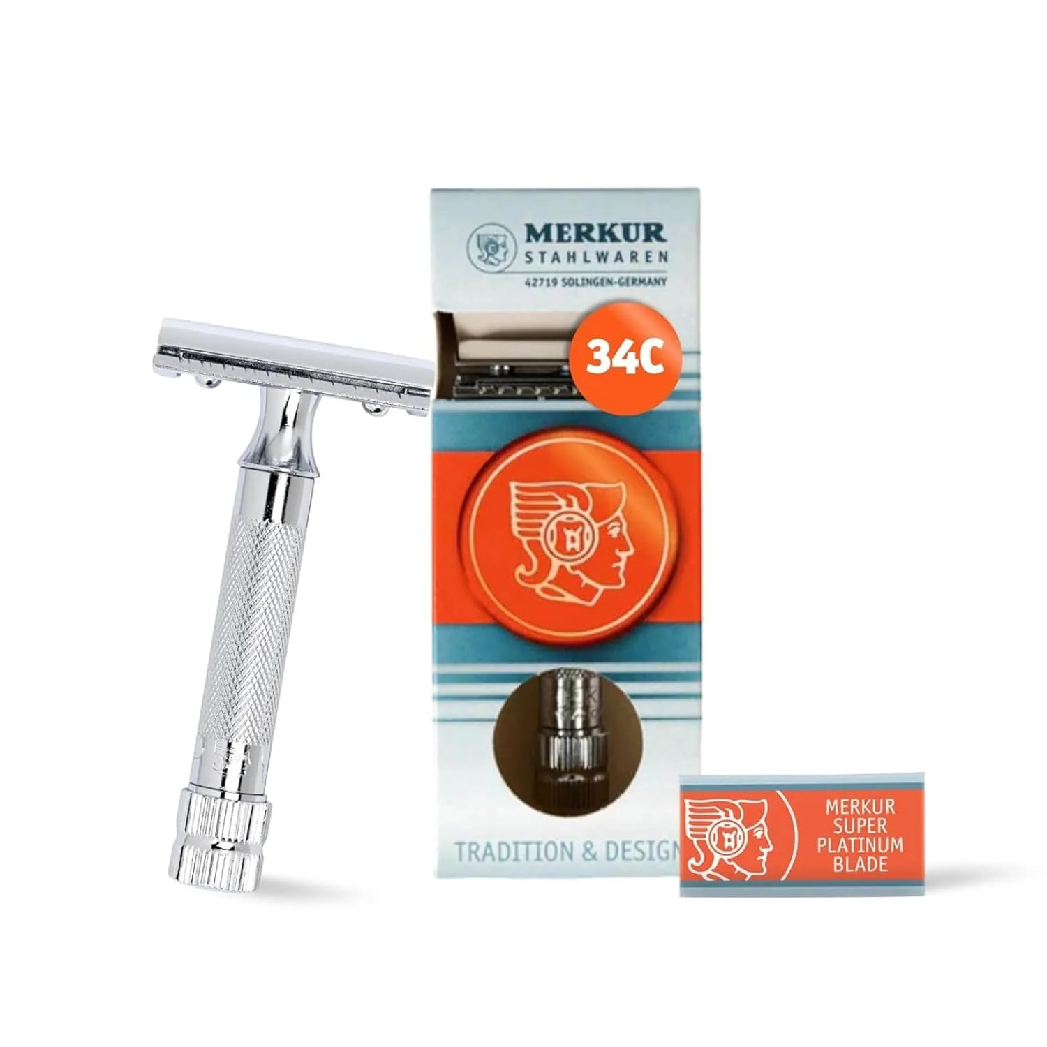 Двусторонняя бритва Merkur MK34C с прочной короткой ручкой, Bright Chrome