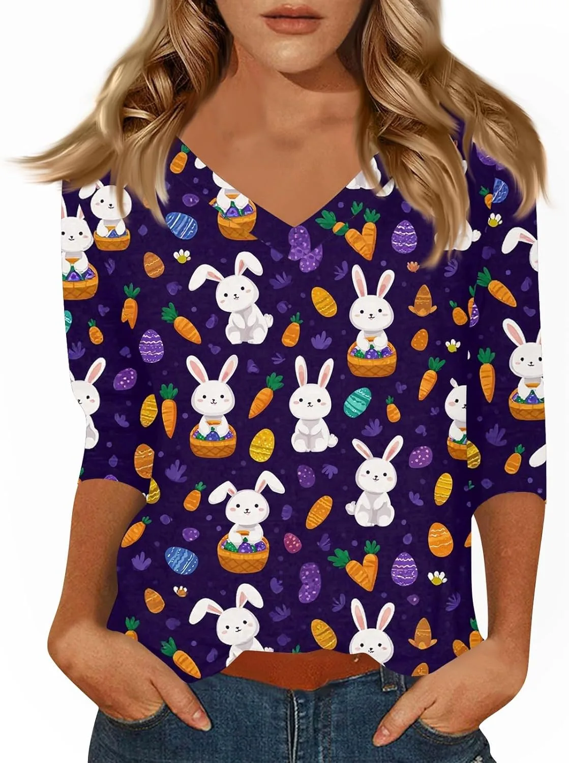 

Женская модная футболка с V-образным вырезом и рукавом 3/4, принт Funny Bunny Egg AMXYFBK