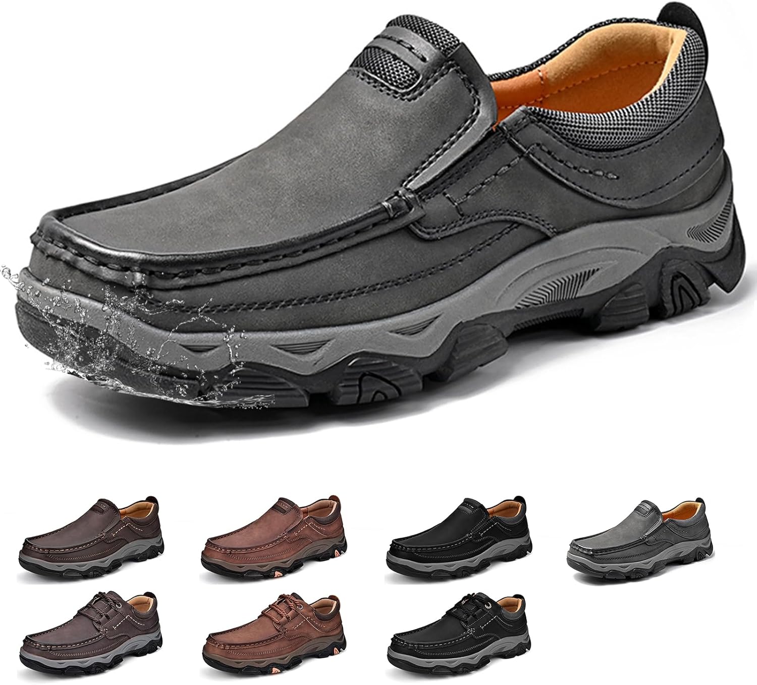

Мужские мокасины с противоскользящей подошвой, водонепроницаемые, легкие, дышащие кожаные кроссовки для ходьбы, удобные повседневные и для вождения Generic, темно-серый
