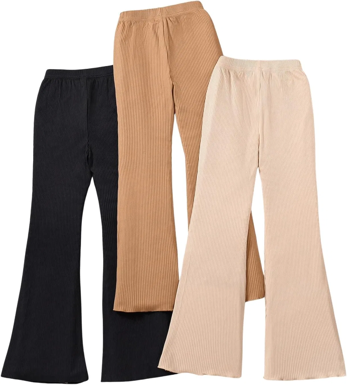WDIRARA Набор из 3 детских брюк-клеш с эластичным поясом и ребристой отделкой, брюки с волнистым краем, Multicolor