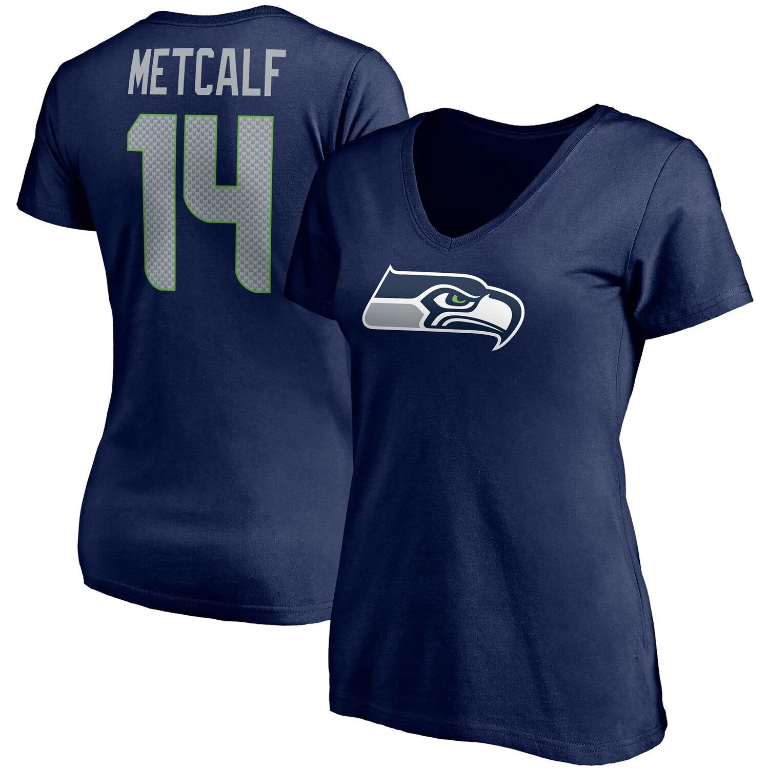 

Женская футболка Fanatics с логотипом DK Metcalf College Navy Seattle Seahawks со значком игрока, имя и номер, футболка с v-образным вырезом Fanatics