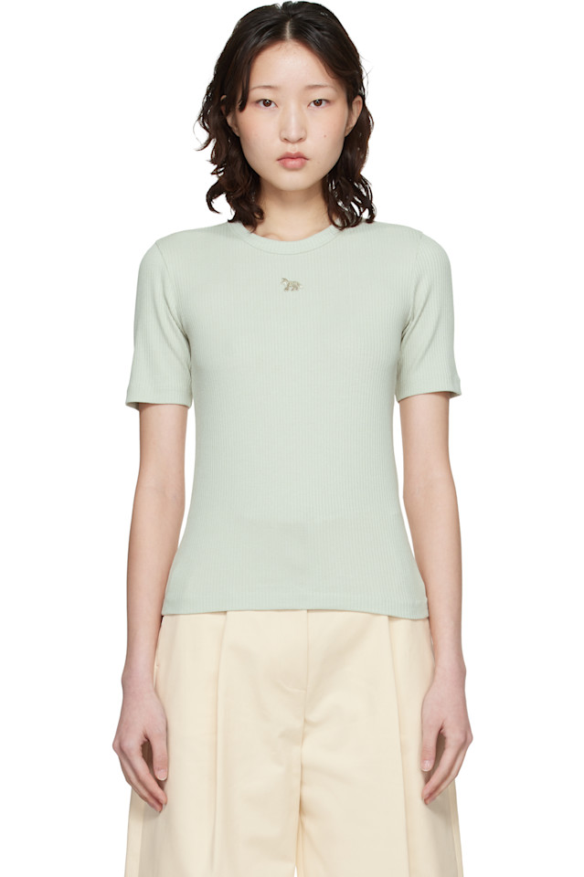 

Maison Kitsuné Зеленая облегающая футболка в рубчик с изображением лисенка