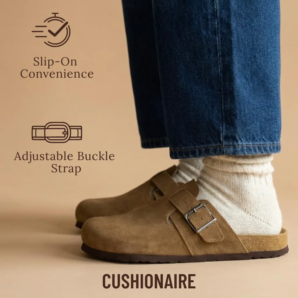 CUSHIONAIRE Hugo Мужские сабо из настоящей замши и кожи - удобные шлепанцы с пряжкой и закрытым носком, коричневый — фото 4