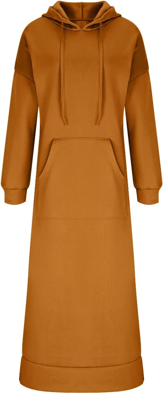 Длинное платье-худи для женщин Plus Size с длинным рукавом, боковым разрезом и карманом Generic, оранжевый — фото 4