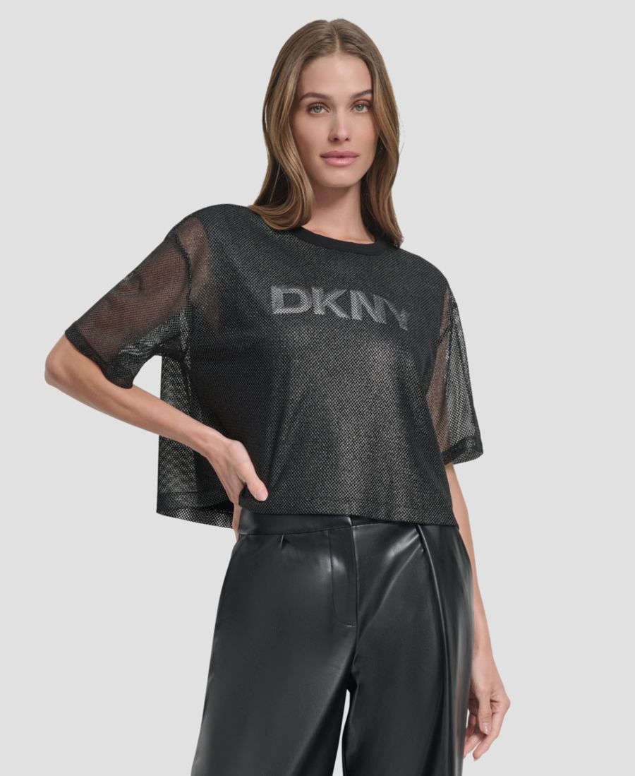 

Женская трикотажная футболка с коротким рукавом и сетчатой вставкой с логотипом DKNY, Black
