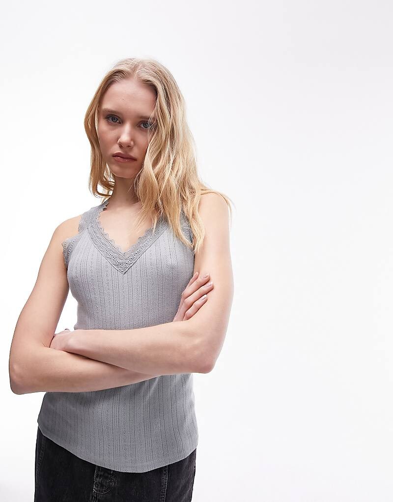 

Topshop – Серая майка Pointelle с кружевной отделкой и V-образным вырезом
