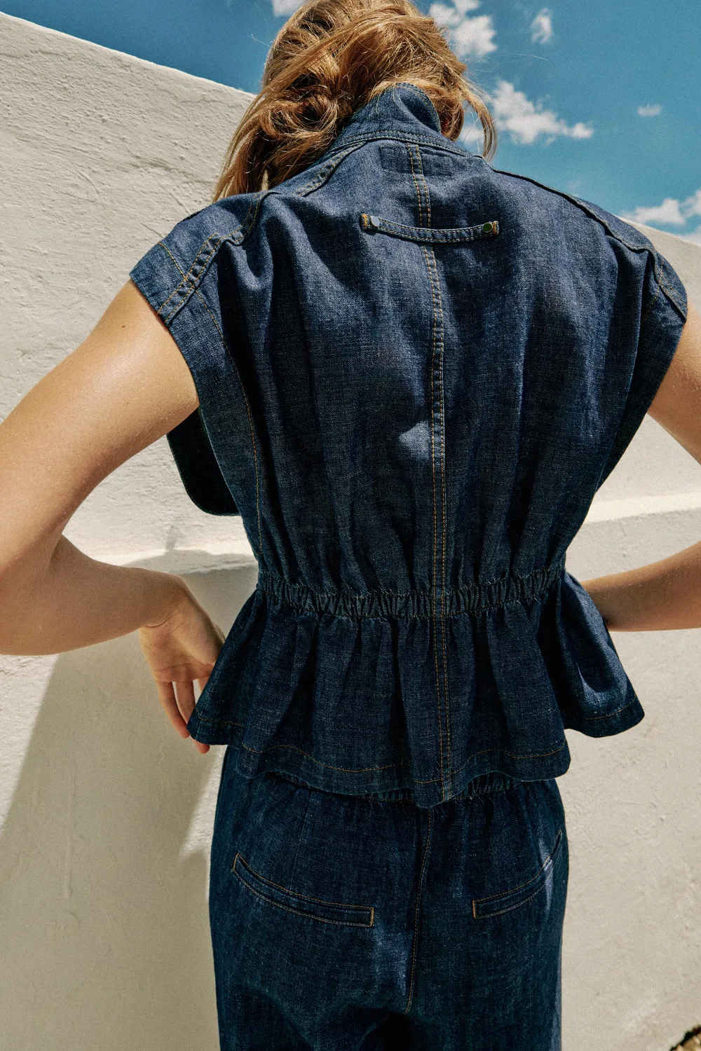 Жилет с эластичным поясом из льна ZARA, Indigo — фото 4