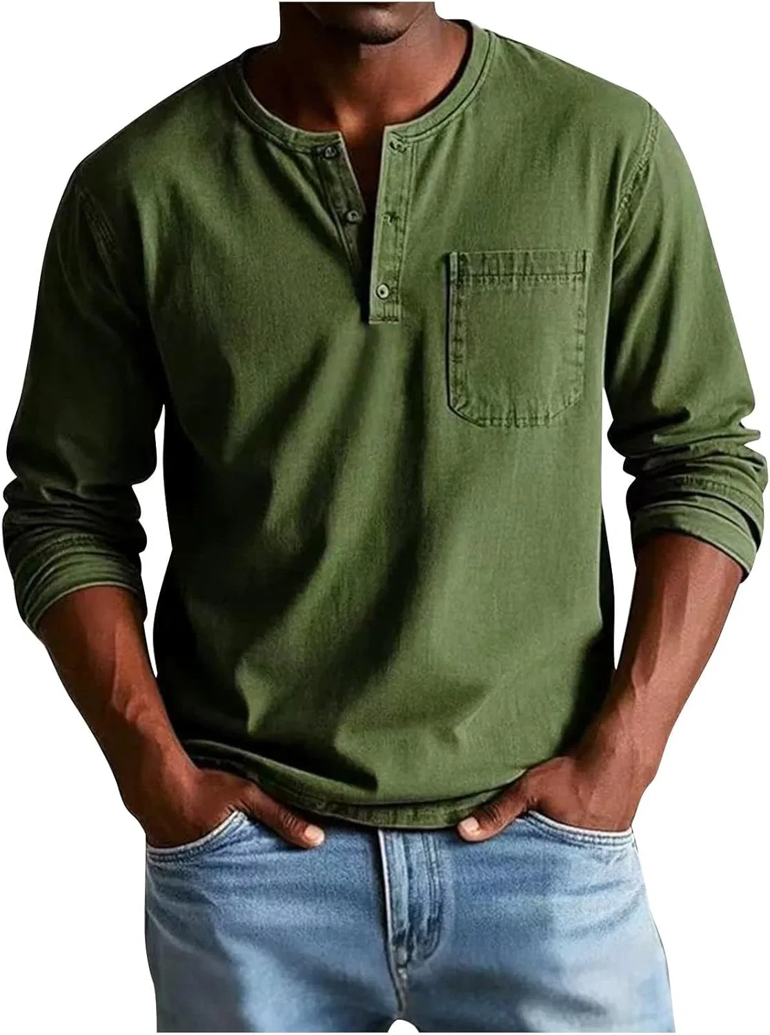 Мужская винтажная рубашка-поло с длинным рукавом, Army Green