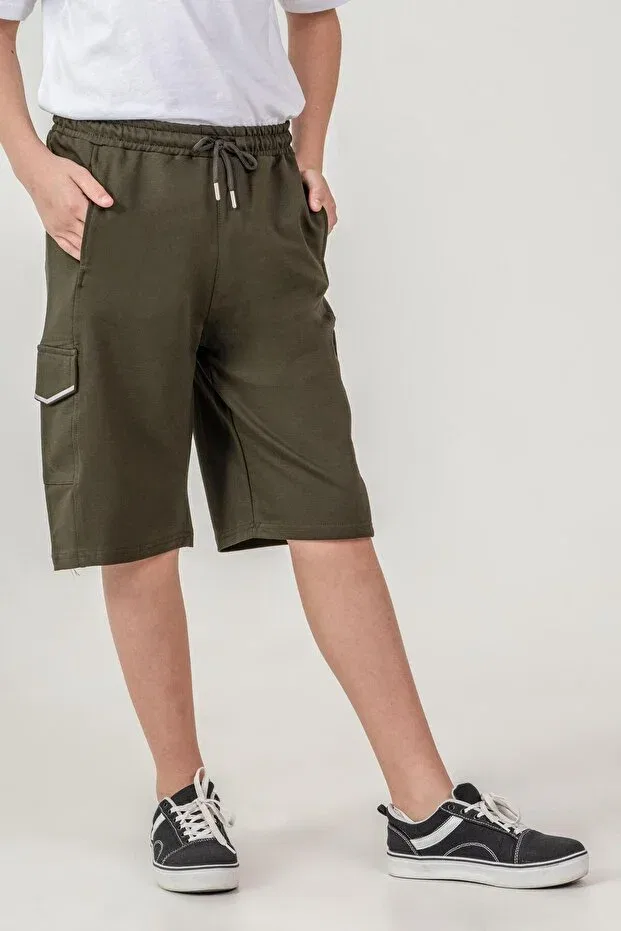 Детские шорты для мальчиков с принтом Double Cargo Pockets Pocket Covers Reflective Mışıl Kids, Khaki — фото 2