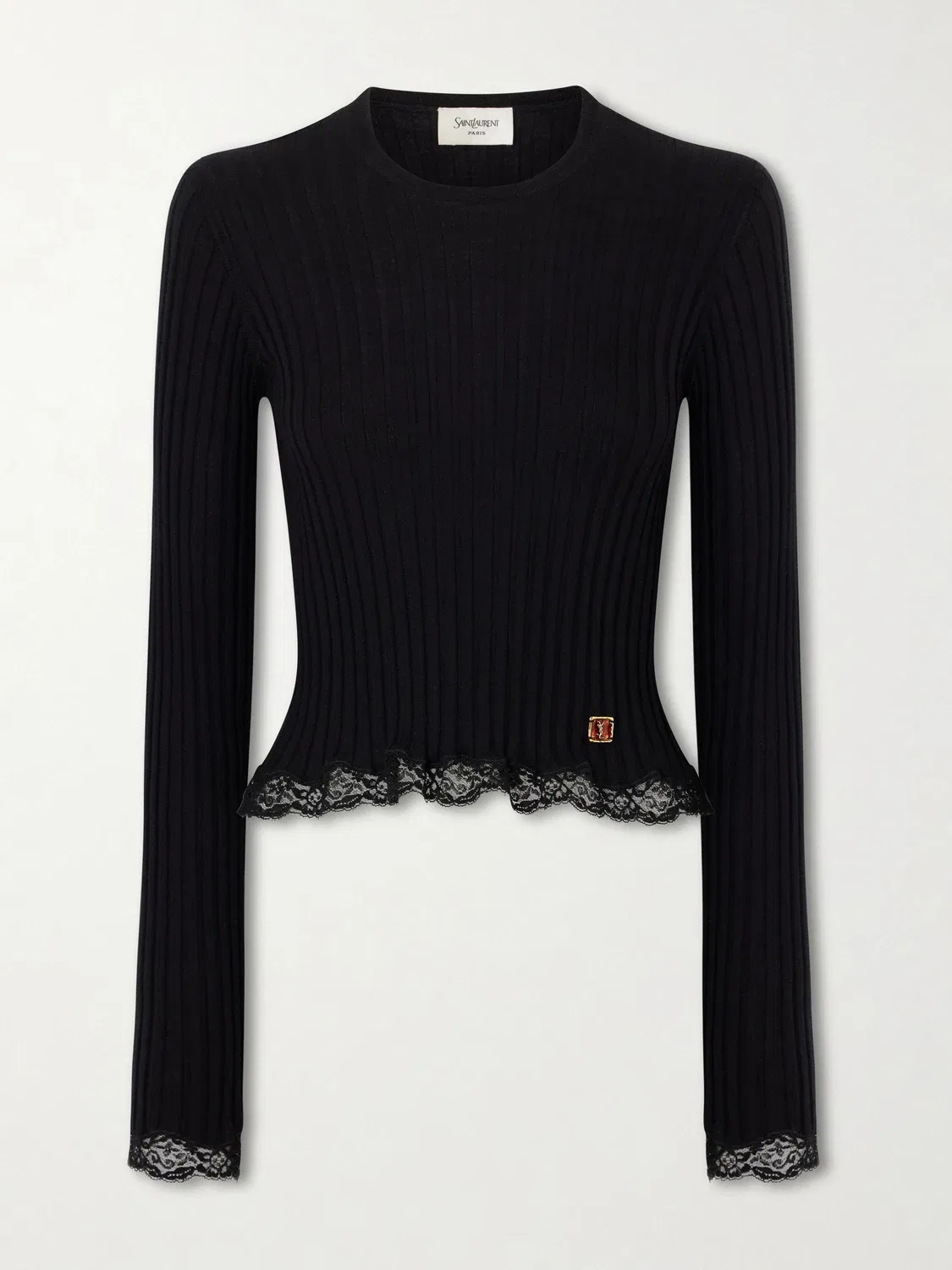 Свитер в рубчик из шерсти, кашемира и шелка с кружевной отделкой Saint Laurent, черный
