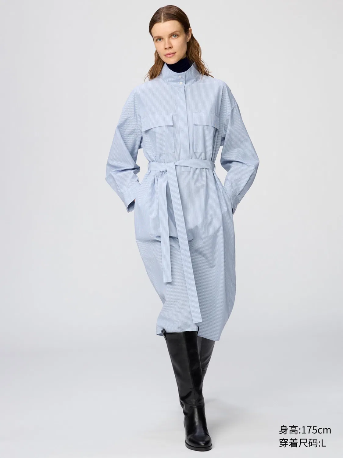 Платье хлопковое с воротником-стойкой в полоску Uniqlo, бежевый — фото 3
