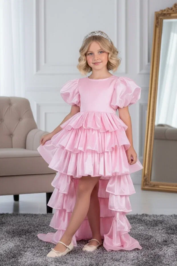 Детское вечернее платье для девочек с воланами Dream Model Crowned Tailed Abiyekids, Pink — фото 3