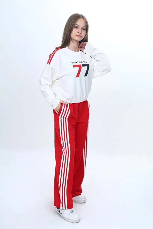 Детский спортивный комплект для девочек хлопковый свободный Joui Co, Red-White — фото 4