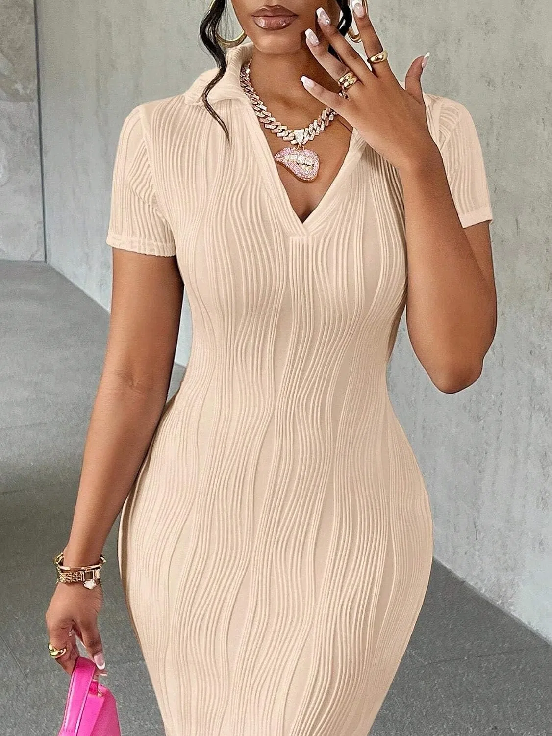 Женское миди-платье с V-образным вырезом Bodycon, Khaki — фото 3