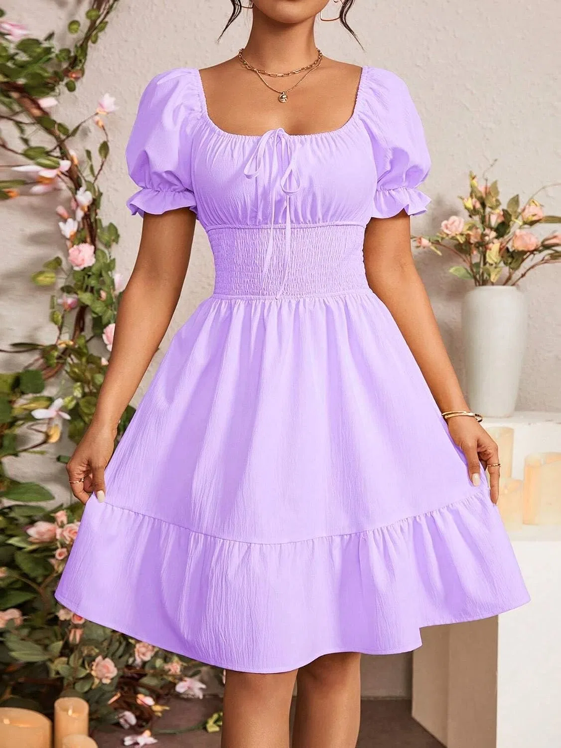 Женское повседневное A-силуэта платье с пышными рукавами Mauve Purple — фото 2