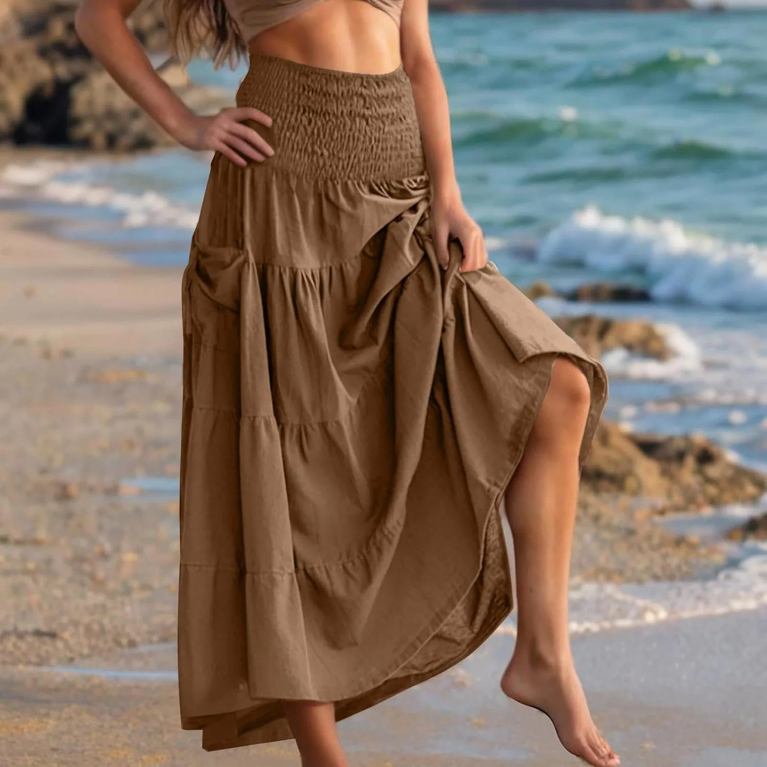 Женское платье макси A-силуэта с воланами, Brown — фото 2