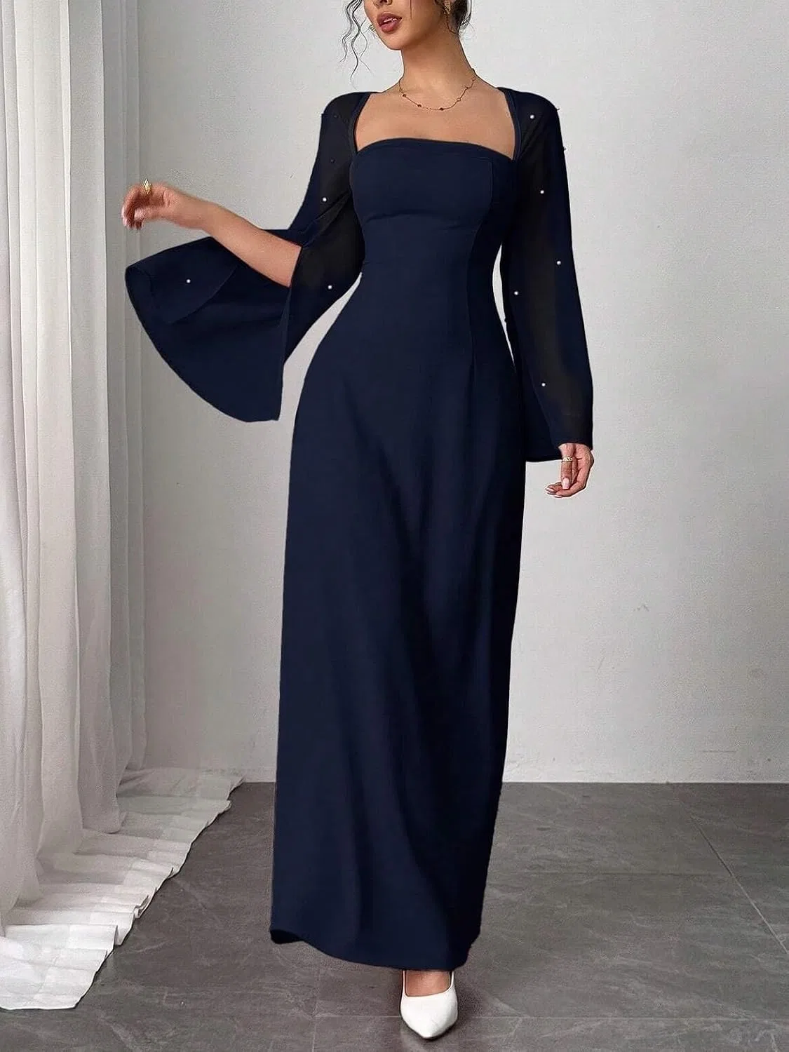 Женское A-силуэта макси платье с длинными рукавами, Navy Blue — фото 3