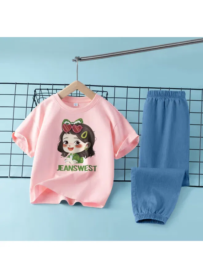 Jeanswest Комплект для девочки с коротким рукавом и брюками под джинсу, розовый — фото 2