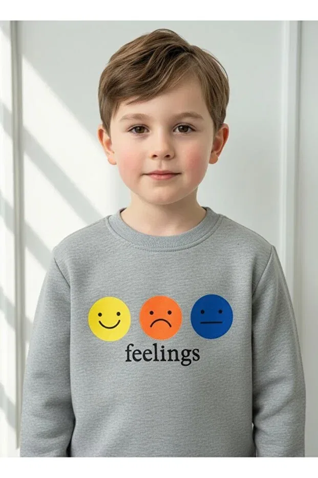 Детские свитшот для мальчиков с принтом Smile printed gray fleece-lined sweat boy's sweatshirt (narrow fit) Kumrunun Dünyasi, Gray