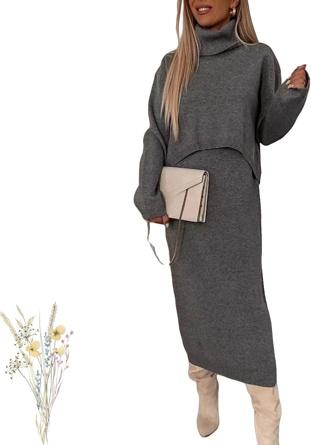 Женский комплект из свитера с водолазкой и миди-платья Ribbed Long Sleeve, Gray