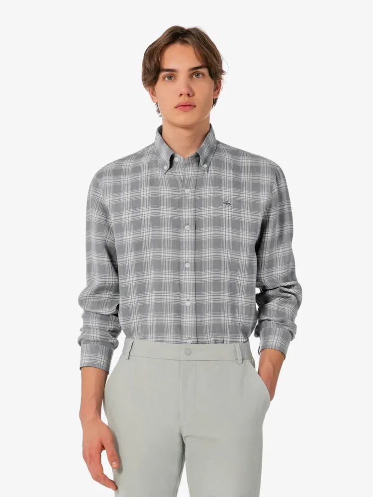 Мужская рубашка с длинным рукавом, большой клеткой LACOSTE, Grey — фото 4