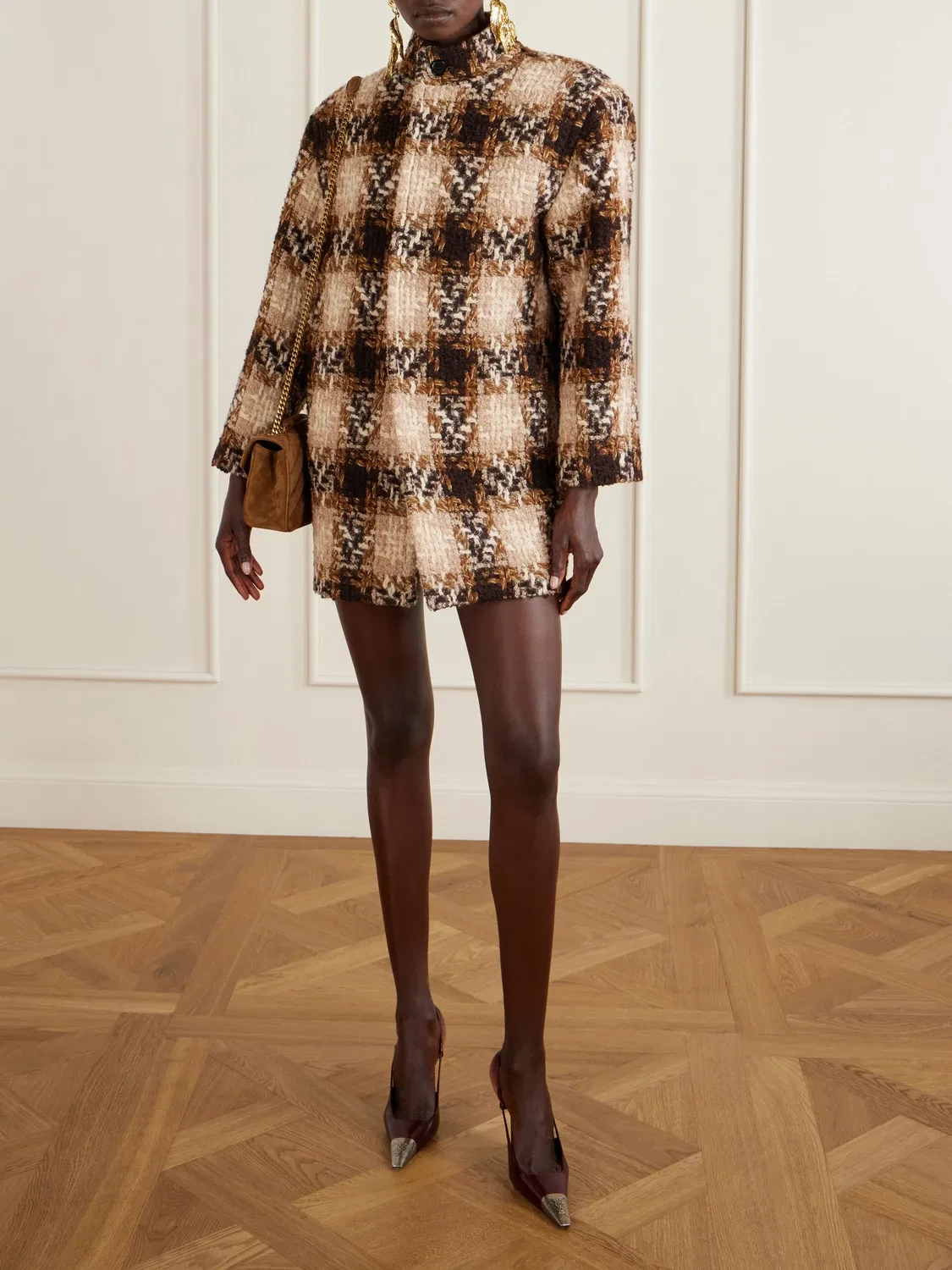 Твидовая куртка в клетку из шерстяной смеси SAINT LAURENT, коричневый — фото 2