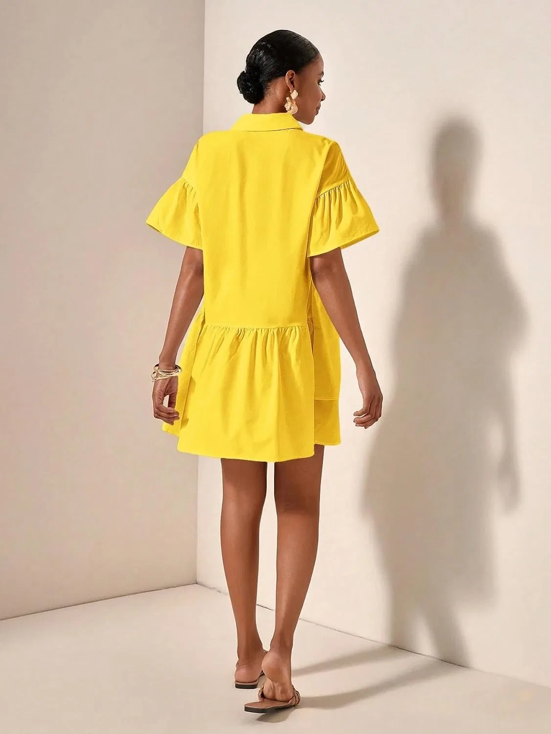 Женское свободное платье-рубашка с воланами Ruffle Flared, Mustard Yellow — фото 3