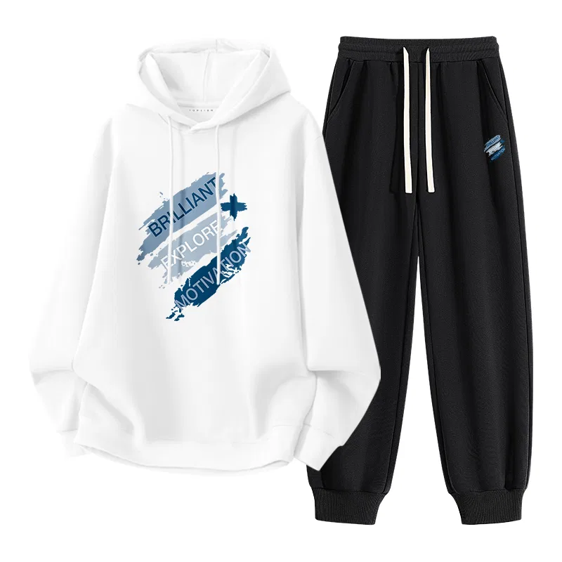 Детский спортивный костюм с принтом Drop Shoulder Hooded Pullover Long Sleeve Sweatshirt Straight Leg Cotton Skin-Friendly Ribbed Skin-Friendly Pants Tonlion, Heather Navy — фото 3