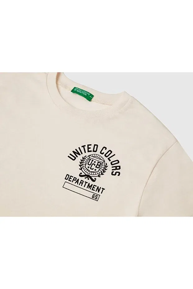 Детская футболка для мальчиков с принтом Benetton Logo Printed T-Shirt United Colors Of Benetton, Ecru — фото 3