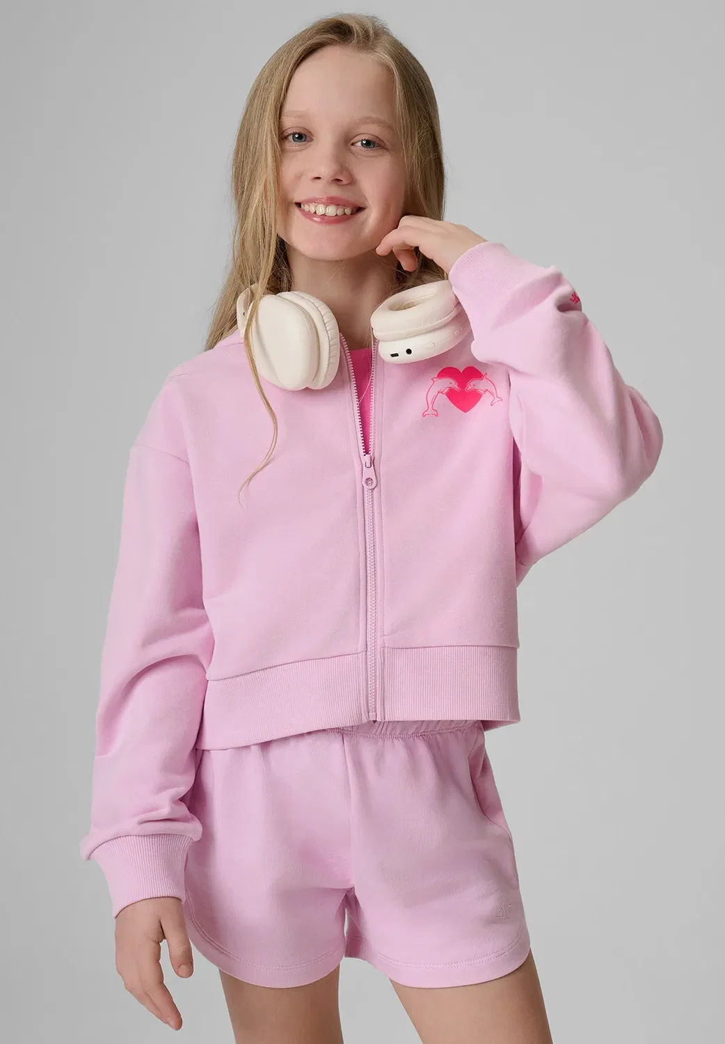 Bluza dresowa свободная z kapturem dziewczęca - толстовка на молнии 4F, Light Pink — фото 3