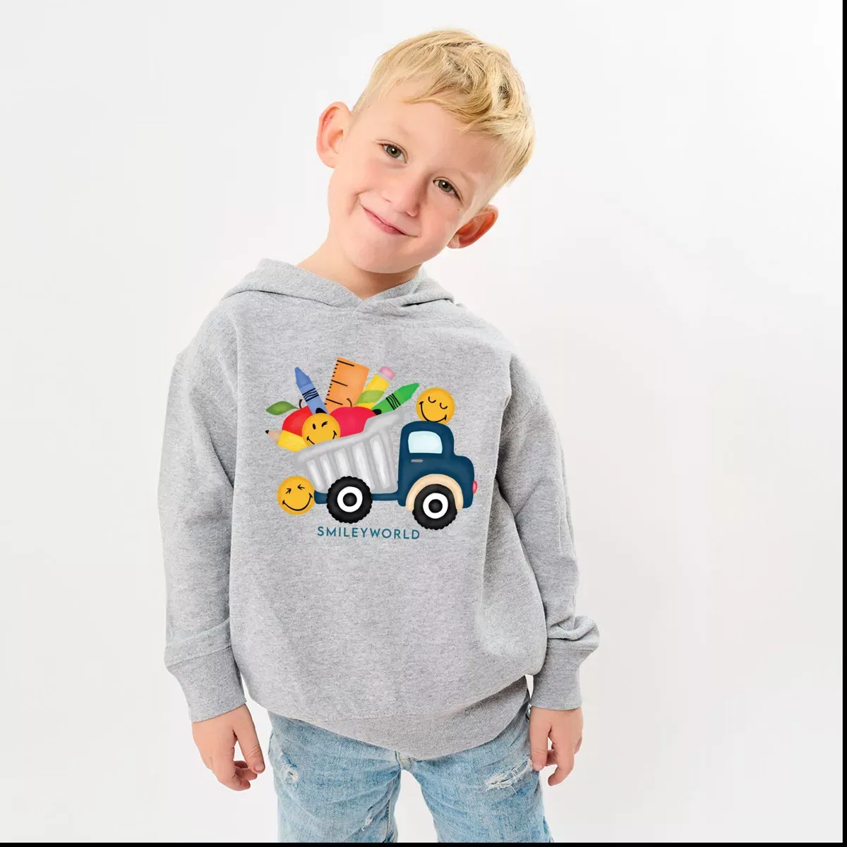 Детское худи с принтом SmileyWorld School Dump Truck The Juniper Shop, Heather Grey — фото 2