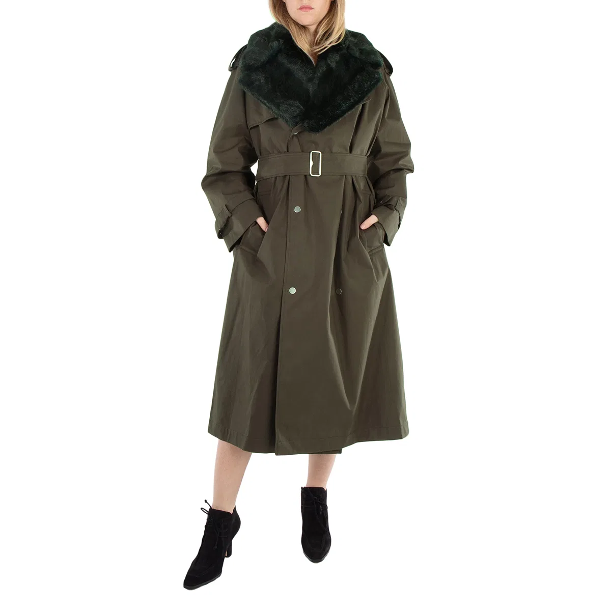 Тренчкот с поясом High Neck Check Print Burberry, Otter/Dark Green — фото 3
