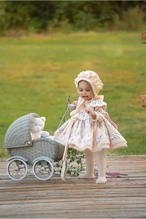 Детское платье для девочек кружевное с принтом Salmon Vintage Baby Girl Dress Linarookids, Salmon — фото 2