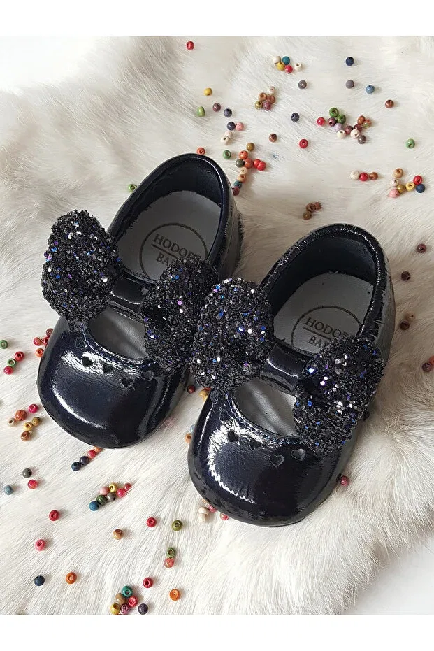 Детские тапочки для девочек кожаные Alice patent leather stoned navy blue leather loafer Hodore, Navy Blue With Stones
