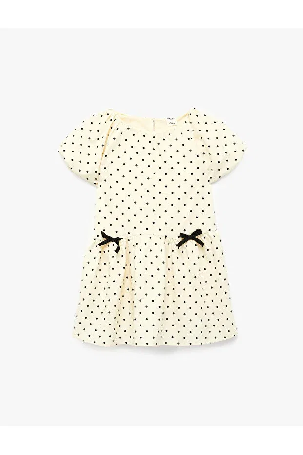 Детское платье для девочек хлопковое Cotton Bow Detail Short Sleeve Polka Dot Dress Koton, Ecru Patterned
