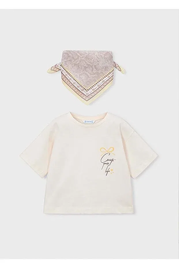 Детская футболка с принтом Summer Girl's Printed Tshirt With Neck Scarf Mayoral, Nude Color — фото 2