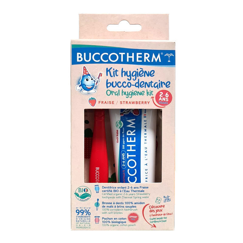 

Buccotherm, Детский дорожный набор, зубная паста и зубные щетки, цвет клубники, 2 шт.