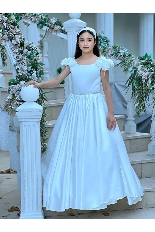 Детское платье для девочек с принтом Satin flower evening Sila, White