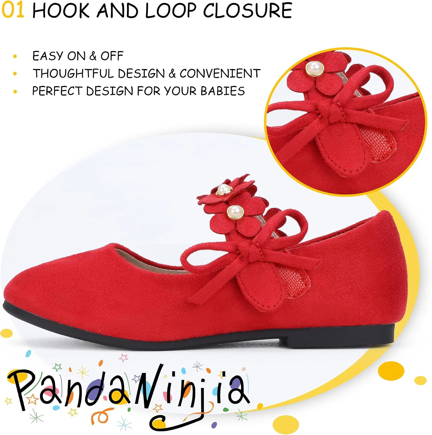 Детские туфли-балетки для девочек с жемчугом PANDANINJIA, Red Suede — фото 3