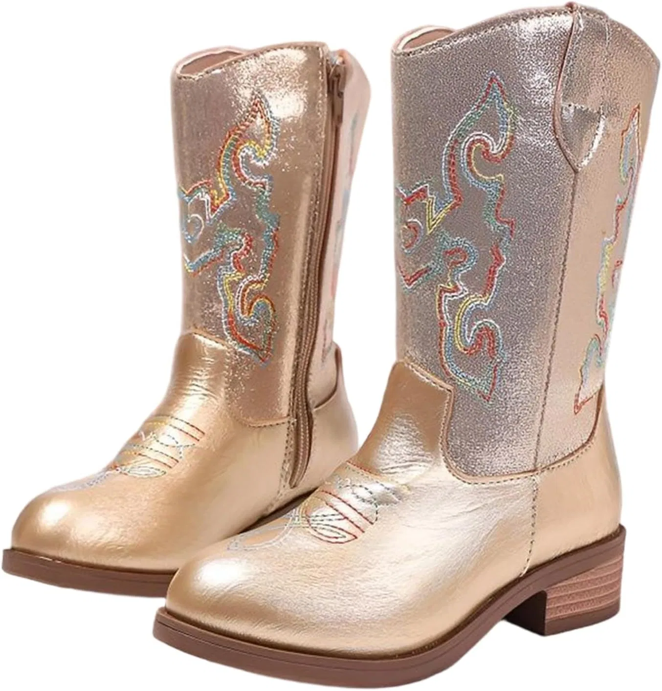 Детские сапоги для девочек с вышивкой ковбойские с боковой молнией Cowgirl Western Boots, Gold