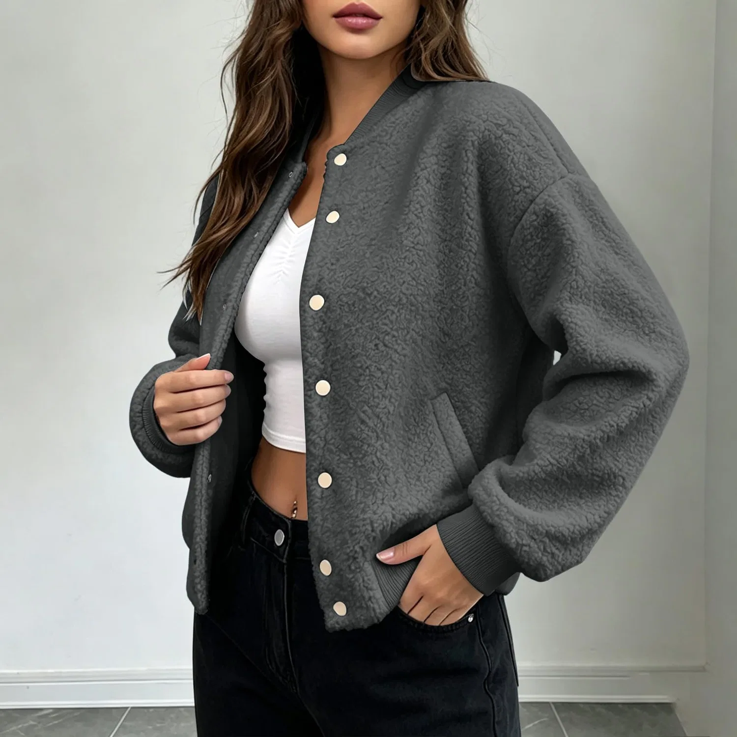 Женская куртка-бомбер с длинным рукавом, из флиса, модель Bomber in pile da donna UK, grigio — фото 4