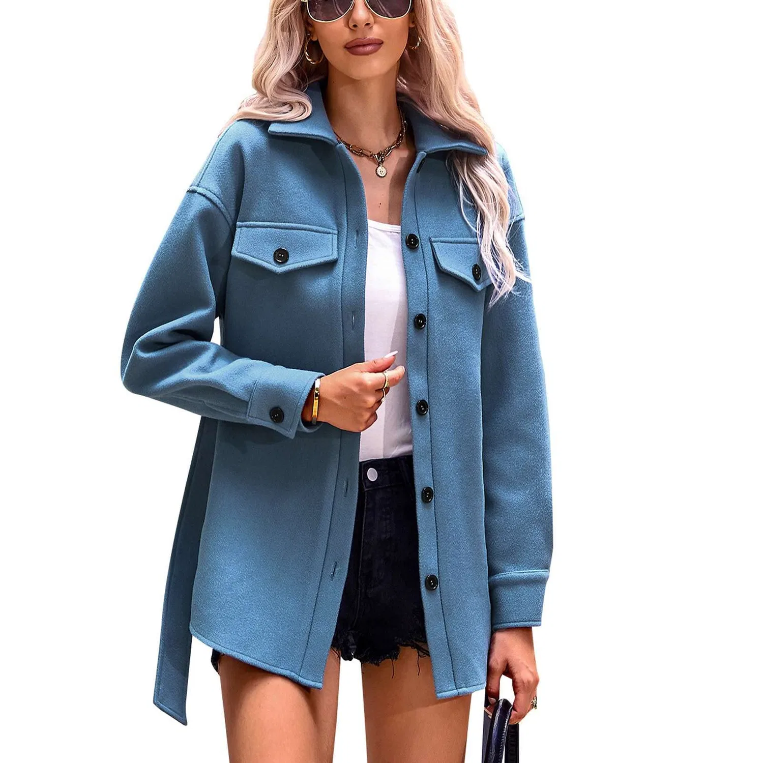 Женское пальто из шерстяной смеси с отворотом, grigio/blu