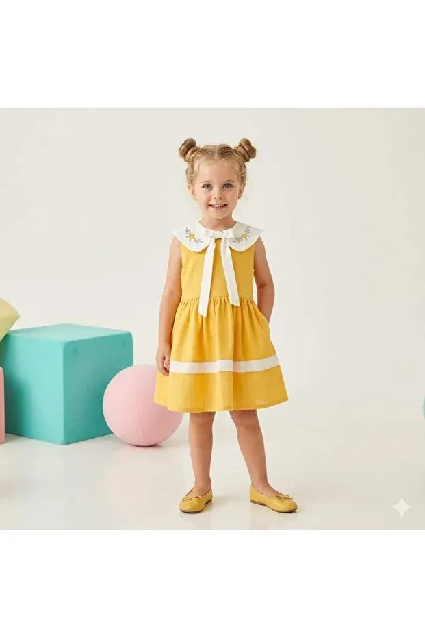 Детское платье для девочек с принтом Embroidered collar bow detailed belted girl's dress Baby, Sarı