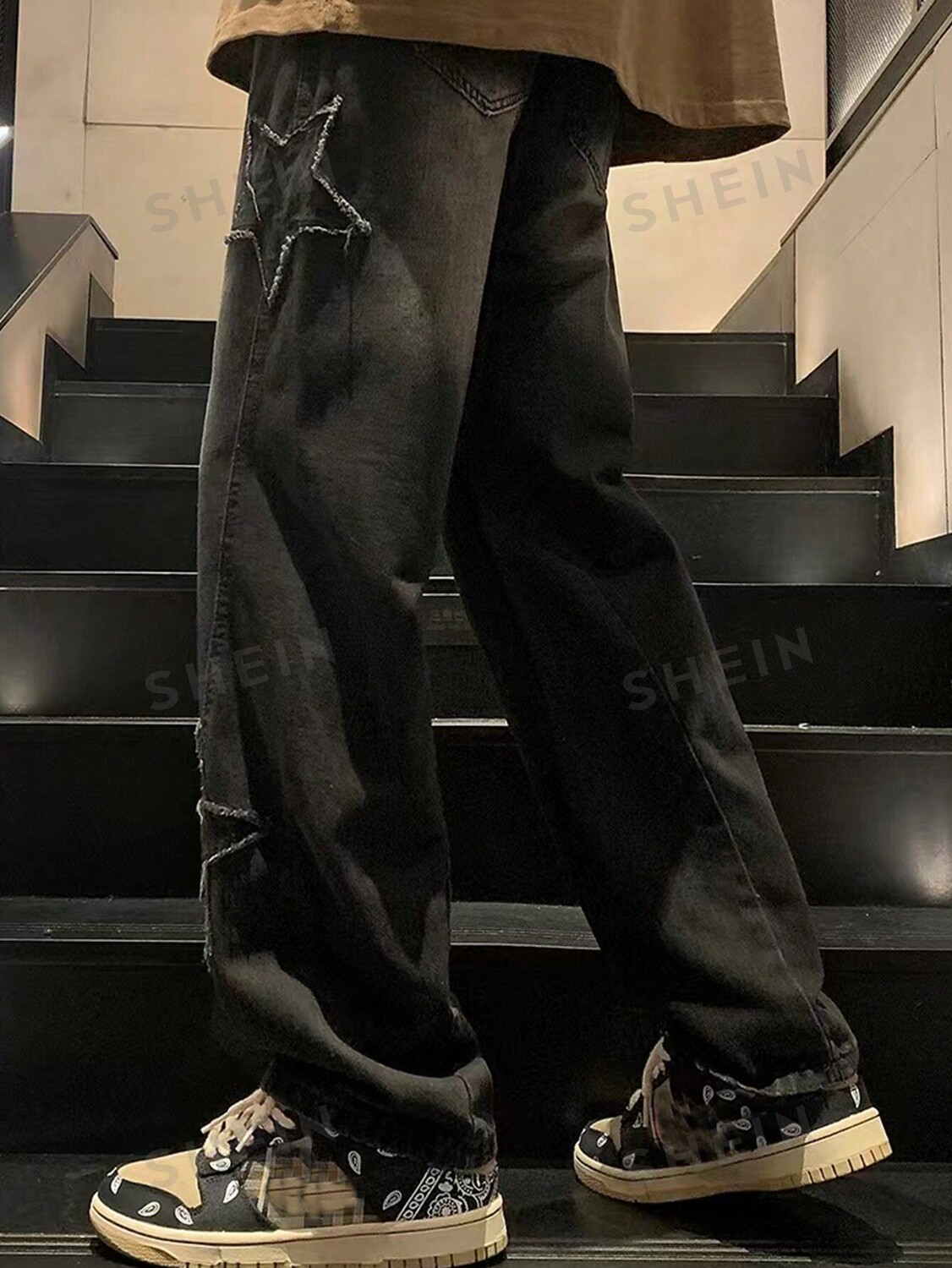 

Мужские длинные джинсы свободного кроя Street Life со звездным узором Romwe, черный